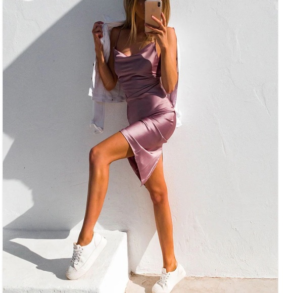 Aspen Midi Mauve Satin Dress - Picture 3 of 6